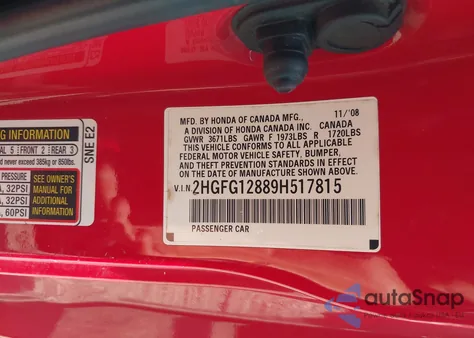 2009 Honda Civic Ex из США, поврежденный, VIN 2HGFG12889H517815